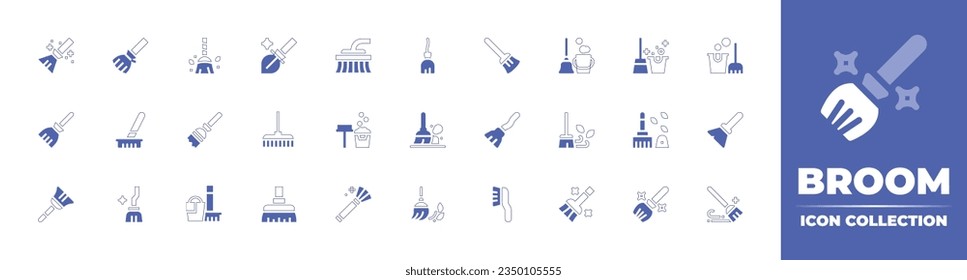 Broom icon collection. Duotone style line stroke and bold. Vector illustration. Containing broomstick, broom, magic broom, brush, mop, house cleaning, cleaning service, cleaner, dust, and more.