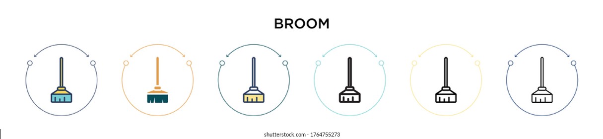 Broom icon in filled, thin line, outline and stroke style. Vector illustration of two colored and black broom vector icons designs can be used for mobile, ui, web