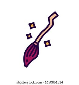 Broom icon in flat and pixel perfect style. Broomstick of witch with stars for Halloween . Sign for tarot cards or game web design. Magic vector icon for fortuneteller website. Isolated color object 