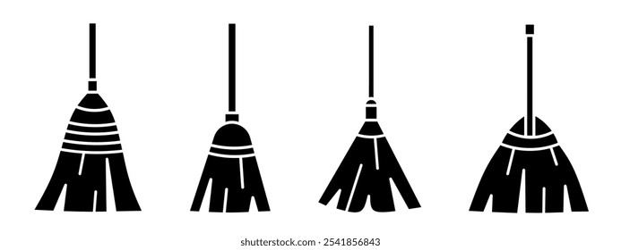 Broom icon illustration. Black and white broom icon set. Stock vector collection.