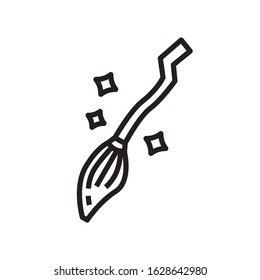 Broom icon is in line and pixel perfect style. Broomstick of witch with stars for Halloween . Sign for tarot cards or game web design. Magic vector icon for fortuneteller website. Isolated object.