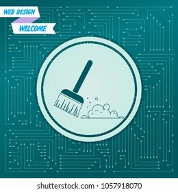 Broom icon on a green background, with arrows in different directions. It appears on the electronic board. Vector illustration