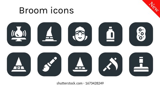 broom icon set. 10 filled broom icons.  Simple modern icons such as: Potter, Witch, Maid, Detergent, Sponge, Broomstick, Scythe, Glass cleaner