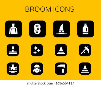 broom icon set. 12 filled broom icons.  Simple modern icons such as: Dustpan, Glass cleaner, Potter, Sponge, Clean, Maid, Witch, Scythe, Detergent