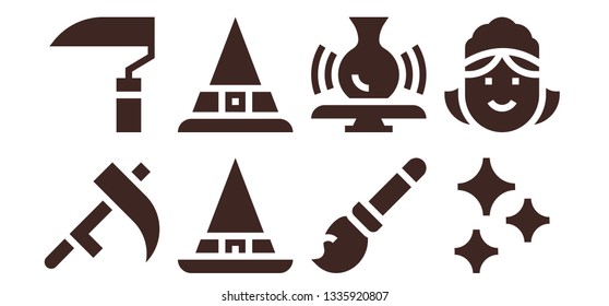 broom icon set. 8 filled broom icons.  Collection Of - Scythe, Witch, Broomstick, Potter, Clean, Maid