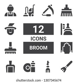 broom icon set. Collection of 12 filled broom icons included Broom, Washing dishes, Dustpan, Cleaning, Vacuum, Witch, Maid, Scythe