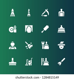 broom icon set. Collection of 16 filled broom icons included Broom, Dustpan, Vacuum, Witch, Clean, Maid, Duster, Cleaning, Washing dishes, Scythe