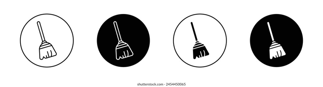 Besen-Icon-Set. Staubkehren-Pinsel-Vektorgrafik-Symbol. Besen-Reinigungs-Zeichen. Schmutzreiniger-Mopp-Stick-Icon-Set in schwarz gefüllt und umrissen Stil.