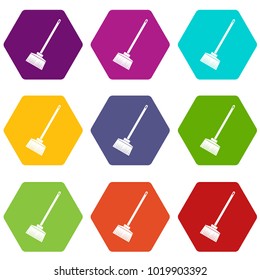 Broom icon set many color hexahedron isolated on white vector illustration