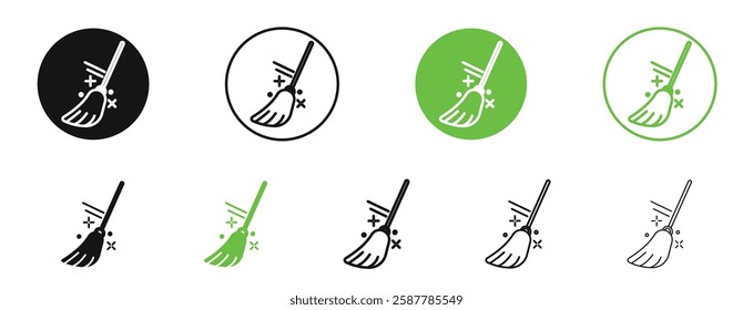 Broom icons in black and green colors collection