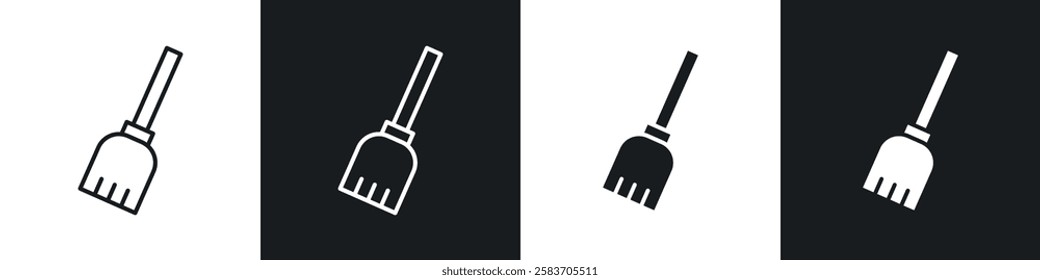 Broom icons collection in black and white filled and line versions