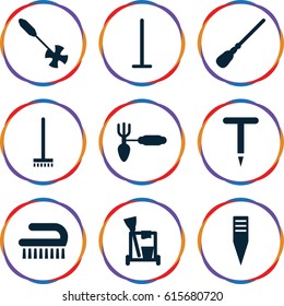 Broom icons set. set of 9 broom filled icons such as cleaning tools, mop, broom, clean brush