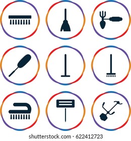 Broom icons set. set of 9 broom filled icons such as broom, mop, dust brush, clean brush