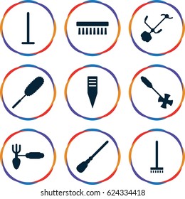 Broom icons set. set of 9 broom filled icons such as mop, broom, dust brush, clean brush