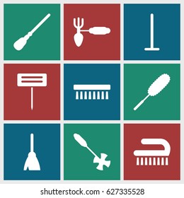 Broom icons set. set of 9 broom filled icons such as broom, mop, dust brush, clean brush