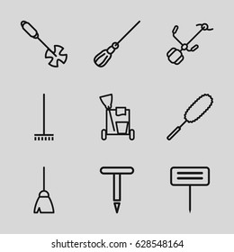 Broom icons set. set of 9 broom outline icons such as cleaning tools, broom, mop, dust brush