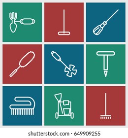 Broom icons set. set of 9 broom outline icons such as cleaning tools, mop, broom, dust brush, clean brush