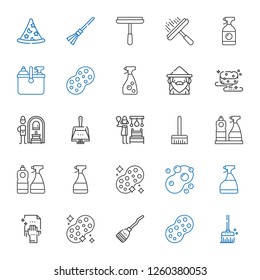 broom icons set. Collection of broom with sponge, cleaning, window cleaner, russian banya, dustpan, wizard. Editable and scalable broom icons.