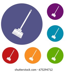 Broom icons set in flat circle reb, blue and green color for web