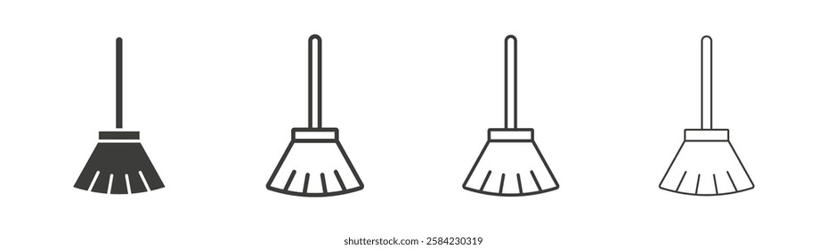 Broom icons set. Liner outlined and flat black color