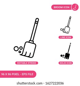 Broom icons set vector illustration with solid icon line style. Tidy broomstick concept. Editable stroke icon on isolated background for web design, infographic and UI mobile app.