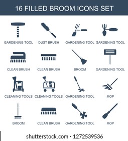broom icons. Trendy 16 broom icons. Contain icons such as gardening tool, dust brush, clean brush, cleaning tools, mop. broom icon for web and mobile.