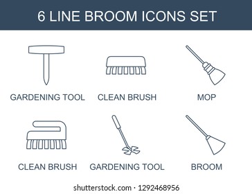broom icons. Trendy 6 broom icons. Contain icons such as gardening tool, clean brush, mop. broom icon for web and mobile.
