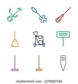 broom icons. Trendy 9 broom icons. Contain icons such as gardening tool, mop, cleaning tools. broom icon for web and mobile.
