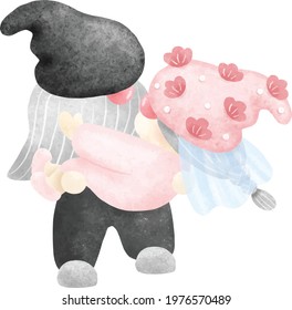 The broom kisses the bride and carries her on the Gnomes wedding day Together with blossom flowers heart rings and cake in water color style