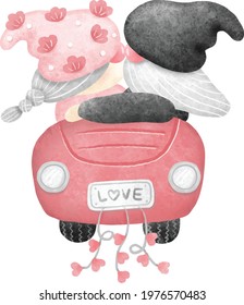 The broom kisses the bride and drive a car with love on the Gnomes wedding day. Together with blossom flowers heart rings and cake in water color style