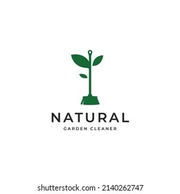 Broom with leaf nature garden farm cleaning logo design concept