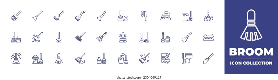 Broom line icon collection. Editable stroke. Vector illustration. Containing sweeping broom, broom, dust, cleaning brush, brush, cleaning, dustpan, wash, costume, sweep, cleaning service, clean, data.