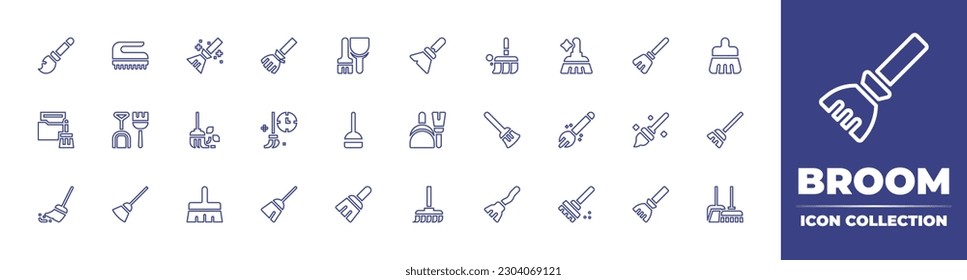 Broom line icon collection. Editable stroke. Vector illustration. Containing broomstick, brush, dustpan, broom, cleaner, cleaning, cleaning tool, sweep, magic broom, sweeping, sweeping broom, witch.