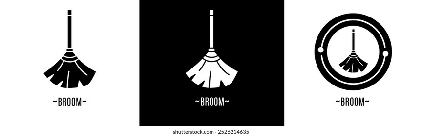 Broom logo set. Collection of black and white logos. Stock vector.