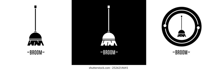 Broom logo set. Collection of black and white logos. Stock vector.
