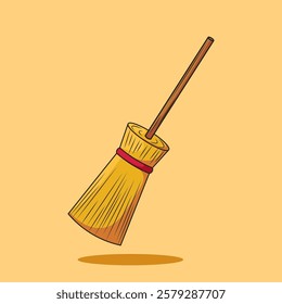 Broom with long wooden handle