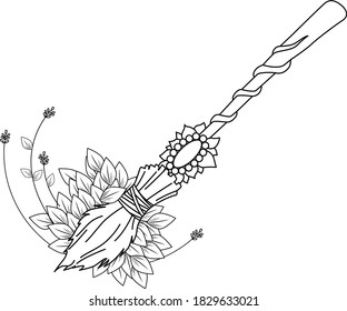 la escoba está hecha de ramas sobre una larga manecilla de madera. ilustración vectorial. la herramienta de limpieza está aislada en un fondo blanco. Bruja. Halloween, accesorio, objeto, 
hojas, otoño