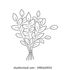 Broom made of tree branches for massage in the steam room.Contour black and white isolated illustration in doodle style on white background.