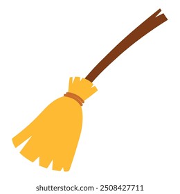 broom made from twigs on long wooden handle, flat vector illustration, tool for cleaning isolated on white background, witches broom stick, halloween accessory object