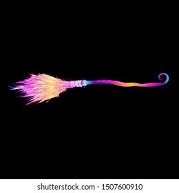 Broom magic. A vehicle for the witch.  Element of witchcraft. Symbol of magic. Tattoo broomstick or print stickers for Halloween or all saints ' day. Multicolor vector illustration for the holiday. 