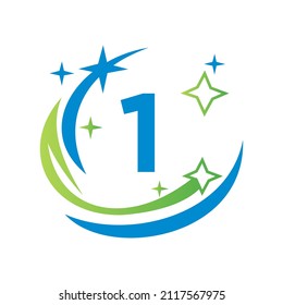 Broom Maid Logo Letter 1 Logotype. Water Drop Template. House Cleaning Logo On Letter 1 With Water Spa Concept