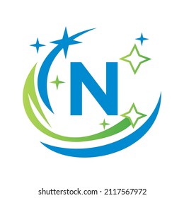 Broom Maid Logo Letter N Logotype. Water Drop Template. House Cleaning Logo On Letter N With Water Spa Concept