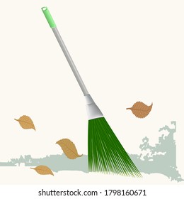 Broom with metal handle - abstract light background - vector. Garden work