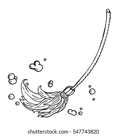 Broom, a mop and dust. Vector illustration of an icon, a mop logo, a broom. Hand drawn broom, a mop for cleaning. 