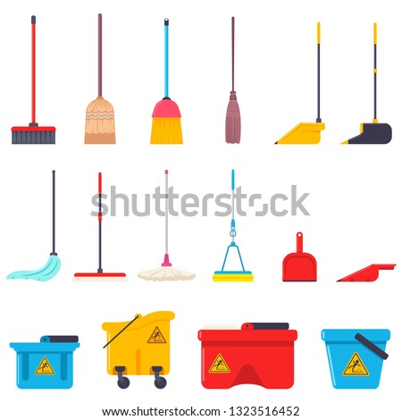Broom, mop, dustpan and bucket vector cartoon flat set of cleaning house supplies isolated on a white background.