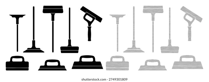 Broom, mop, dustpan, squeegee. Household cleaning tools. Black and white icons.