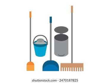 Broom, mop, dustpan, trash can and rake on white background.