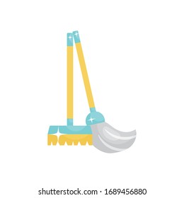 broom and mop icon over white background, flat style, disinfection and cleaning elements, vector illustration