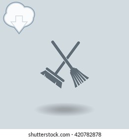 Broom and mop icon with shadow. Cloud of download with arrow.