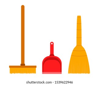 Broom, mop, scoop. Set of household cleaning utensils. Flat vector illustration isolated on white background